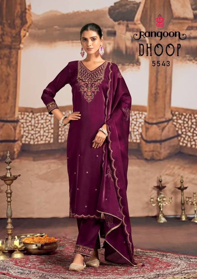 Dhoop By Rangoon Satin Crape Embroidery Kurti With Bottom Dupatta Wholesale Shop In Surat